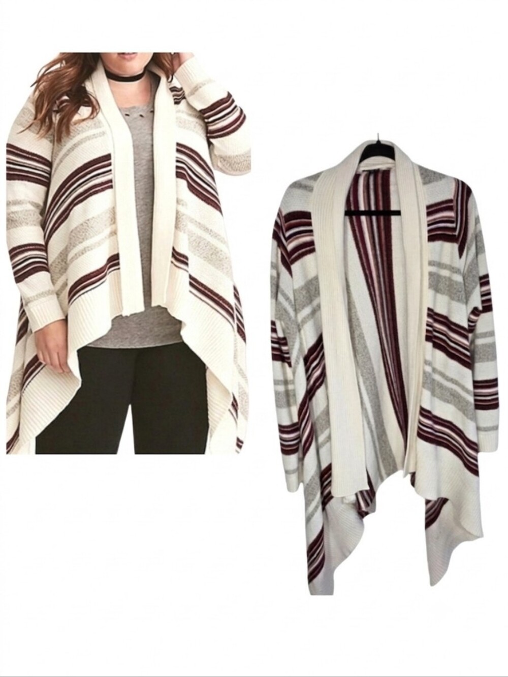 Torrid Cream and Burgundy Striped Asymmetrical Cardigan Sweater plus size 3X